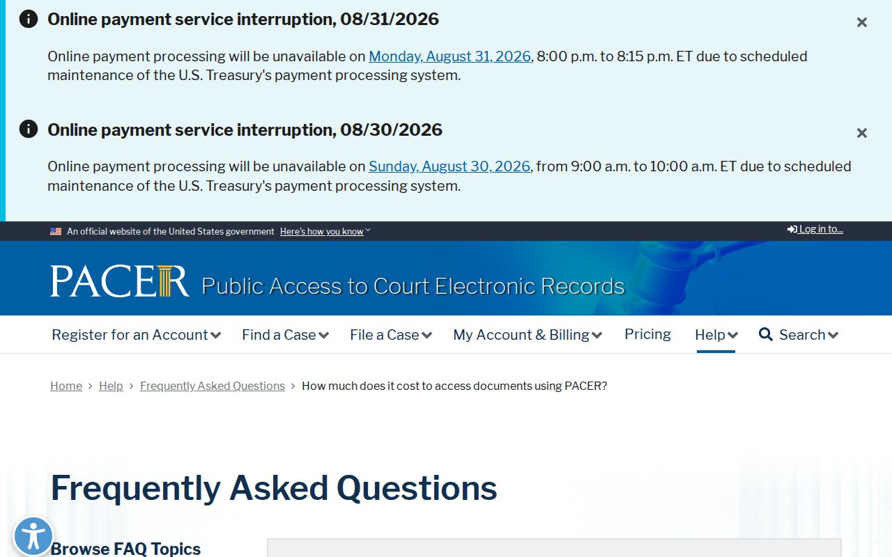 Ewing court docket PACER access fee information