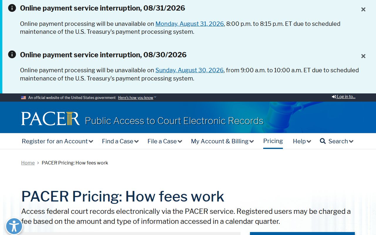 Ewing court docket PACER pricing information